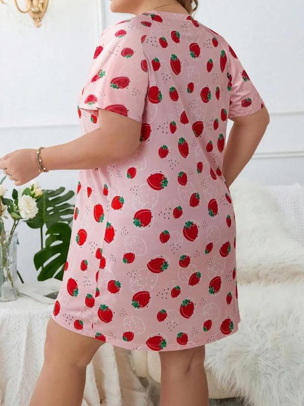 Plus Size Strawberry Print Round Neck Nightdress, Soft Comfy Short Sleeve Nightgown, Women's Sleepwear for All Seasons