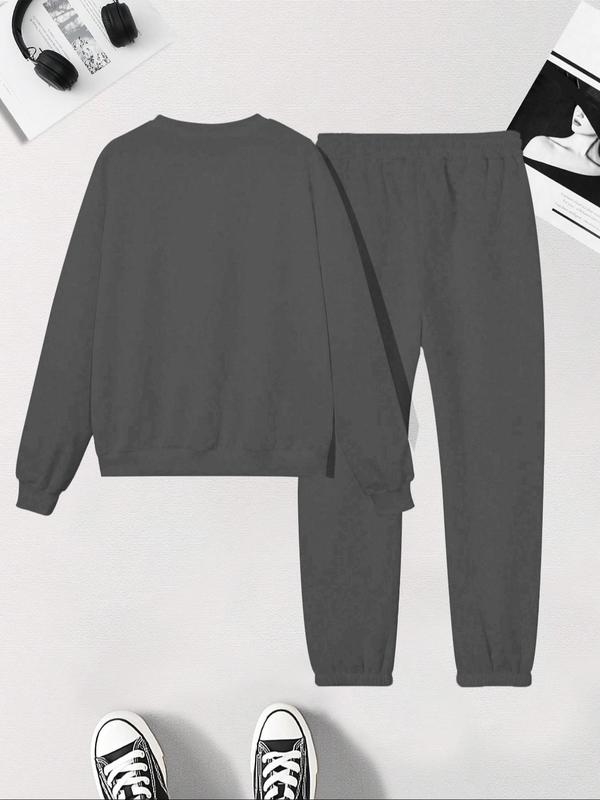 Women's Letter Print Drop Shoulder Sweatshirt & Elastic Waist Sweatpants Two-piece Set, Casual Fashion Cozy Round Neck Long Sleeve Pullover & Pocket Jogger Pants for Daily Wear, Women's Two-piece Outfits for Fall & Winter