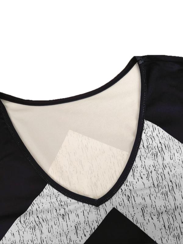  Colorblock Geometric Print Drop Shoulder Tee, Casual Long Sleeve V Neck T-Shirt for Spring & Fall, Women's Plus Clothing for Daily Wear, Fall Outfits, Fallfreshness