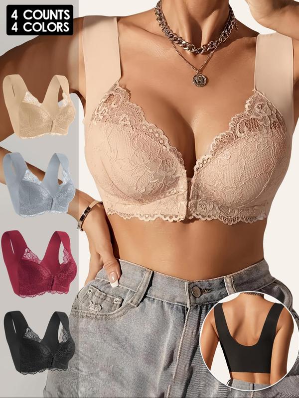 Women's Solid Contrast Lace Front Opening Design Wireless Bra, Casual Comfortable Breathable Push Up Bra, Ladies Lingerie for All Seasons