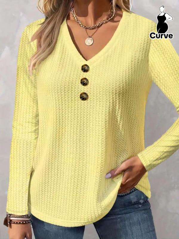  Solid Button Front V Neck Tee, Casual Long Sleeve T-Shirt for Fall & Winter, Women's Plus Clothing for Daily Wear