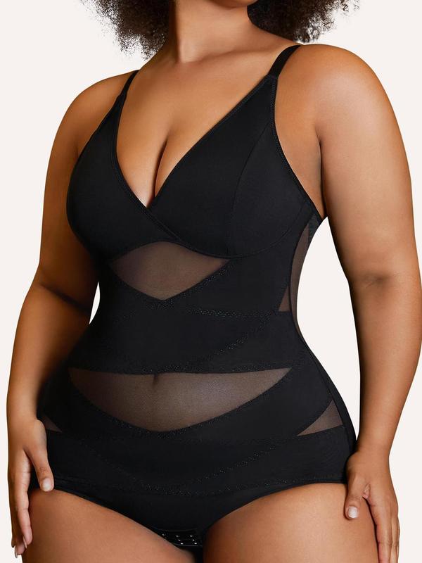 Plus Size Contrast Mesh Sheer Shapewear Bodysuit, Adjustable Strap High Stretch Shaper, Tummy Control Butt Lifter, Women's Shapewear for All Seasons