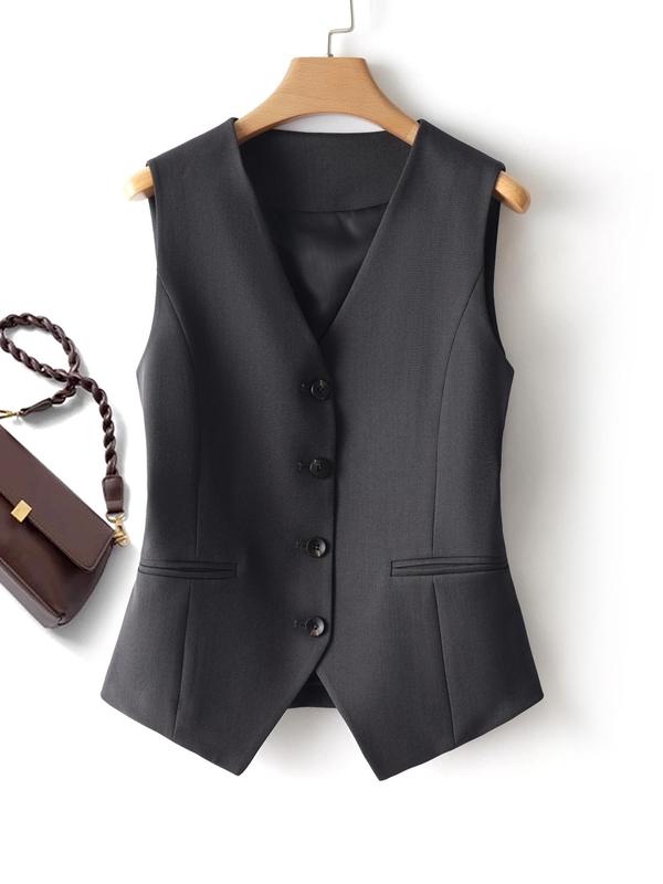 Women's Solid Button Front Vest Blazer, Elegant V Neck Pocket Suit Vest for Work Office Business, Ladies Spring & Fall Clothes, Vest Jacket, Earthtone Fallfreshness