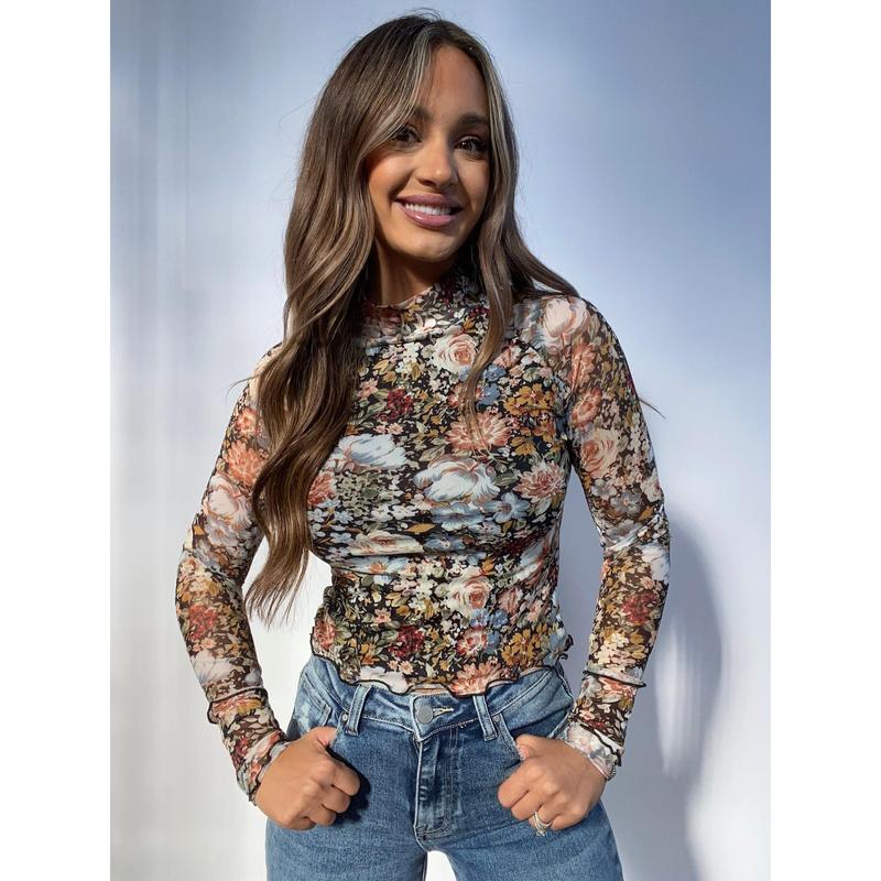 Floral Mesh Long Sleeve Top