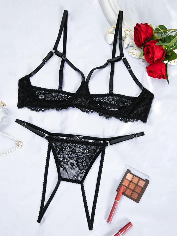  Cut Out Sheer Lace Sexy Lingerie Set, Romantic Scallop Trim Bra & Open Crotch Thong Set, Women's Lingerie & Underwear Set for All Seasons