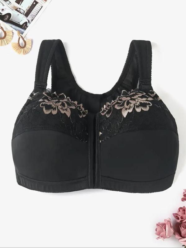 Women's Plus Size Contrast Lace Floral Sheer Push Up Bra, Casual Comfortable Breathable Adjustable Buckle Front Bra for Daily Wear, Women's Lingerie for All Seasons