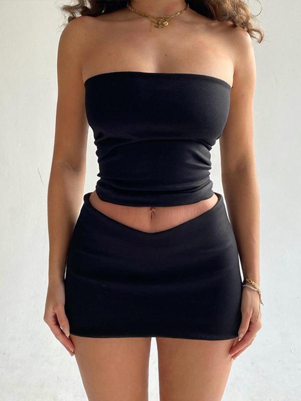 Two-piece Set Women's Solid Crop Ruched Tube  Leisure Wear Top & Bodycon Mini Skirt Set, Sleeveless Strapless Top & Skirt Set for Party Club Dating, Two Piece Set Women, Ladies Summer Clothes, Summer Outfits 2024, Downtown Girl Clothes