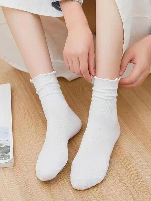 Women's Solid Lettuce Trim Crew Socks, Casual Comfy Breathable Mid-calf Socks for Daily Wear, Multipack Knit Socks for All Seasons