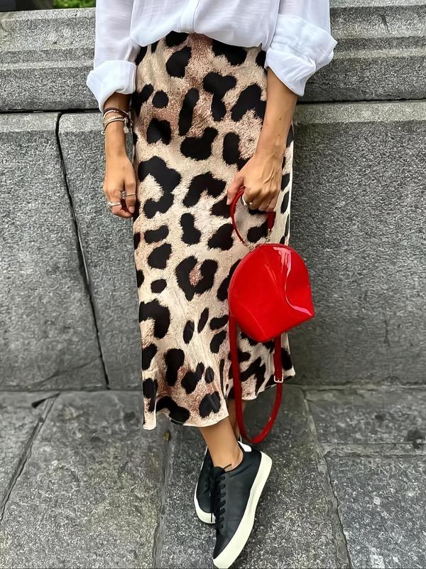 Women's Leopard Print Long Skirt, Casual Fashion Skirt for Daily Outdoor Wear, Ladies Bottoms for All Seasons