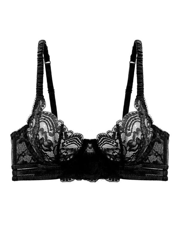 Women's Floral Lace Ruched Adjustable Strap Bra, Soft Comfy Breathable Push Up Lingerie Top for Daily Wear, Fashion Sexy Sheer Lingerie Underwear for All Seasons