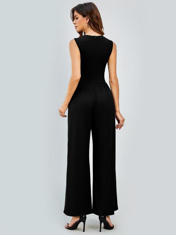 Women's Wide Leg Body Jumpsuit, Summer Clothes, Chic Elegant Trendy Sleeveless Crewneck Formal Elegant Jumpsuit for Women, Lady One-piece Bodysuit Jumpsuit Christmas