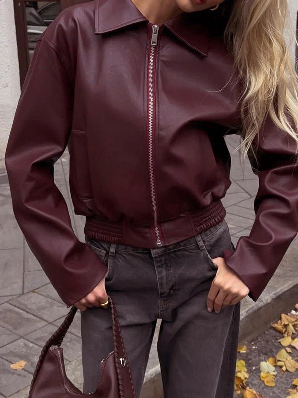 Women's Solid Color Pu Leather Jacket, Casual Fashion Long Sleeve Zipper Outerwear for Fall & Winter, Ladies Clothes for Daily Wear