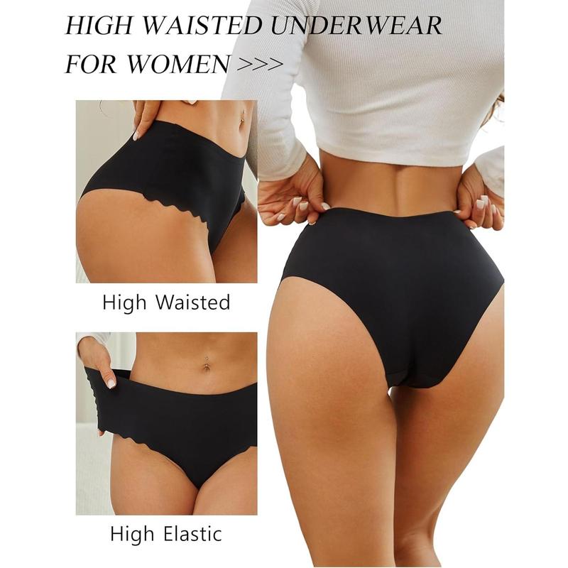 High Waisted Seamless Underwear Women No Show Panties Cheeky Scalloped Edge Bikini Breathable Briefs 6 Pack