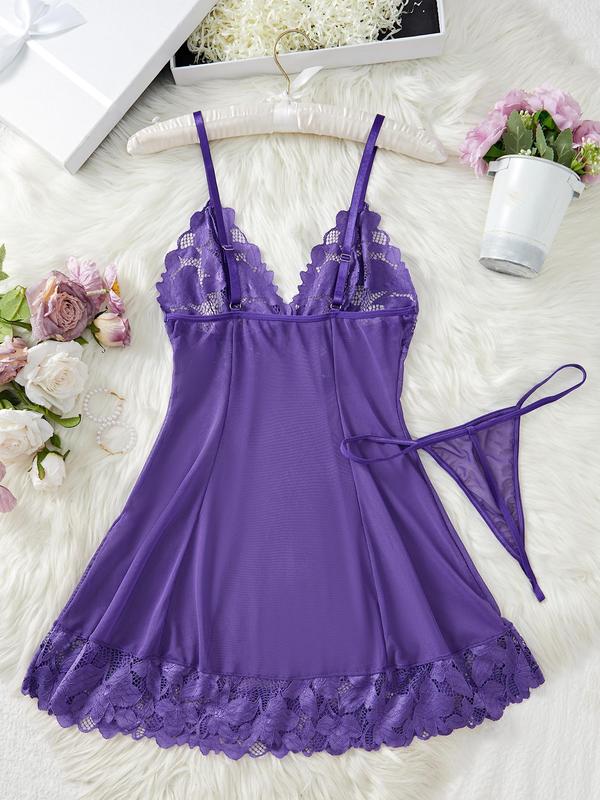 Women's Contrast Lace Cami Nightdress & Thong Sexy Sleepwear Set, Breathable Nighty Dress & Panty Set, Women's Sleepwear for All Seasons