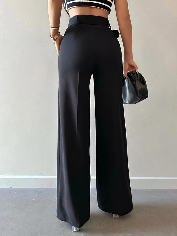 Women's Solid Pocket Straight Leg Pants with Belt, Casual Comfy Trousers for Spring & Fall, Women's Bottoms for Daily Wear