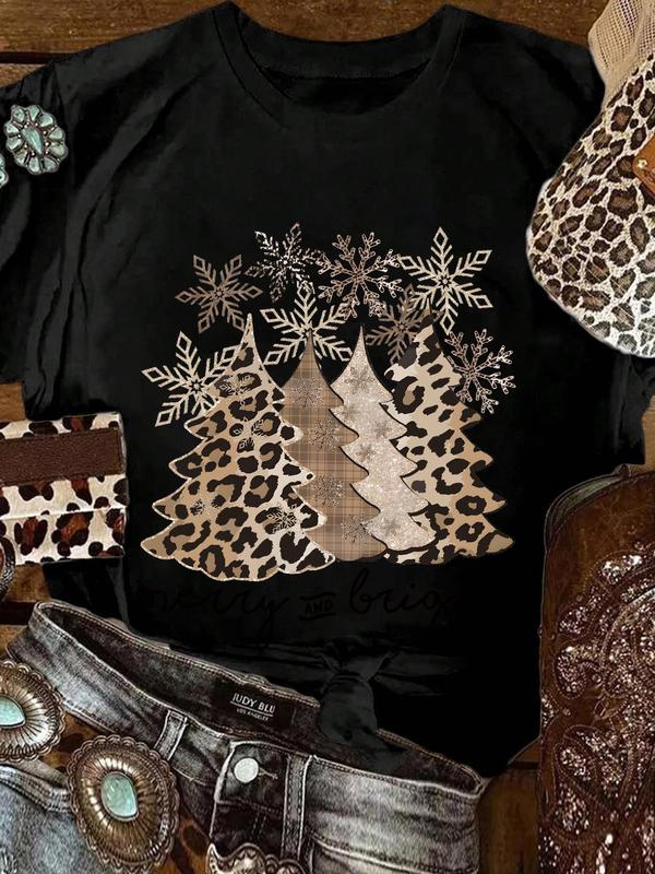 Women's Christmas Tree & Letter & Snowflakes Print Round Neck Tee, Casual Short Sleeve Crew Neck T-Shirt for Daily Wear, Ladies Clothes for All Seasons