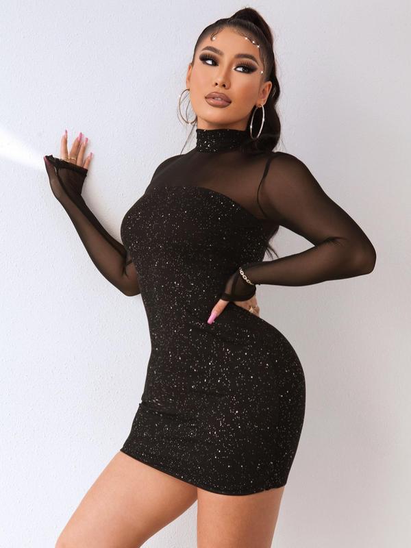 Women's Contrast Sequin Sheer Mesh Bodycon Dress, Elegant Long Sleeve Stand Collar Zipper Back Short Dress for Party Club Dating Wear, Ladies Clothes for Spring & Fall