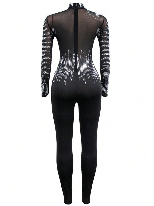 Women's Rhinestone Decor Contrast Mesh Sheer Jumpsuit, High Neck Long Sleeve Jumpsuit for Party Club Dating, Ladies Fall & Winter Clothes