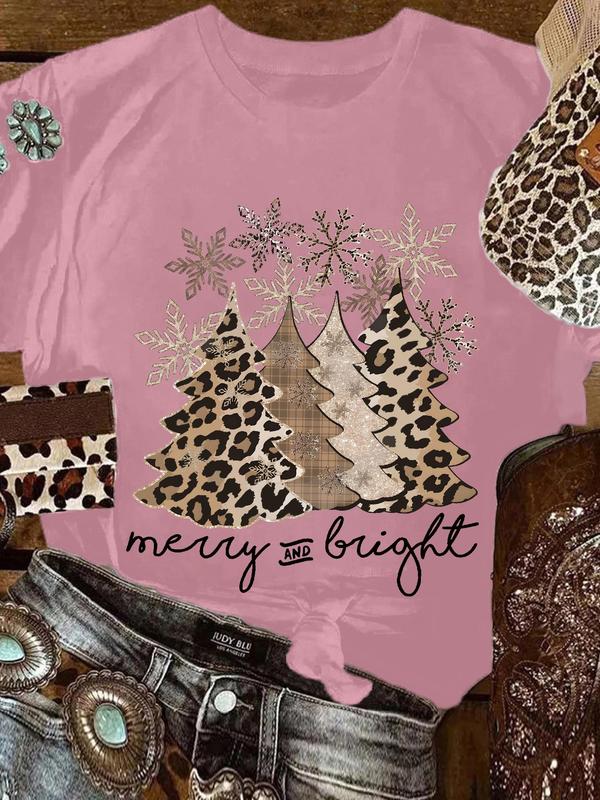 Women's Christmas Tree & Letter & Snowflakes Print Round Neck Tee, Casual Short Sleeve Crew Neck T-Shirt for Daily Wear, Ladies Clothes for All Seasons