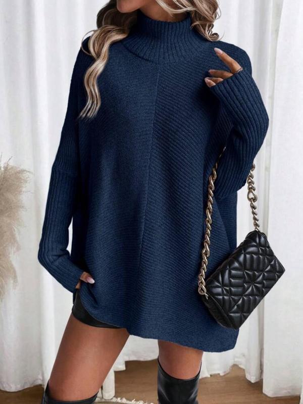 Women's Solid Color High Neck Sweater Dress, Casual Long Sleeve Jumper Short Dress for Fall & Winter, Women's Knitwear for Daily Wear Turtleneck