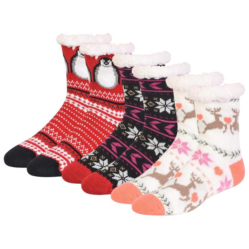 3 Pairs Fuzzy Non Slip Slipper Socks with Grippers Christmas Gifts Fleece Lined Warm Lining Xmas Party Fluffy Non Skid Ripple Sleeping Socks Winter