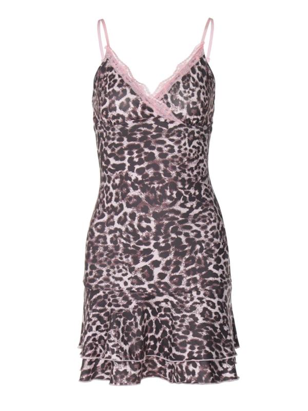 Women's Leopard Print Contrast Lace Bodycon Cami Dress, Wrap Tiered Layer Mini Dress for Party Club Dating Wear, Ladies Summer Clothes, Summer Dresses 2024 Wedding Guest Dress Downtown Girl Outfit Cheetah Girls Costume