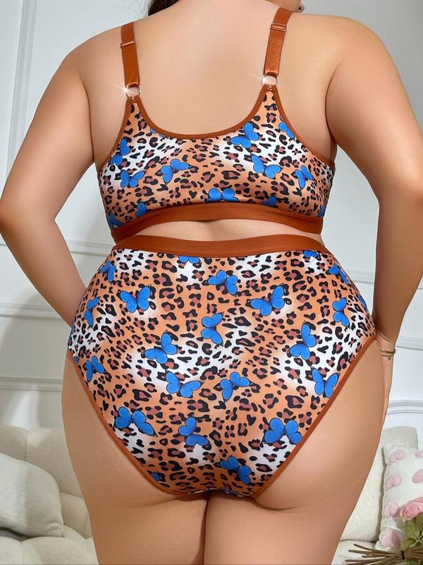  Two-piece Set Leopard Print Contrast Binding Bra & High Waist Panty Set, Casual Adjustable Strap Wireless Bra & Panty Set, Women's Underwear Set for All Seasons