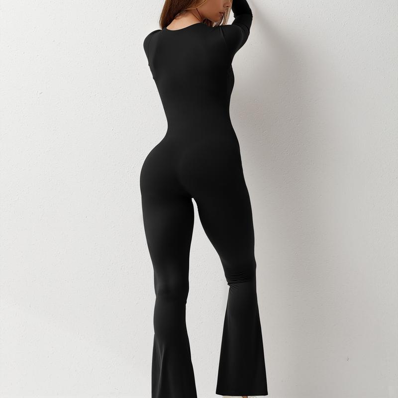 QINSEN Long Sleeve Jumpsuits for Women Square Neck Wide Leg Full Length Romper Playsuit Womenswear Overalls  Tall individuals should purchase with caution\\