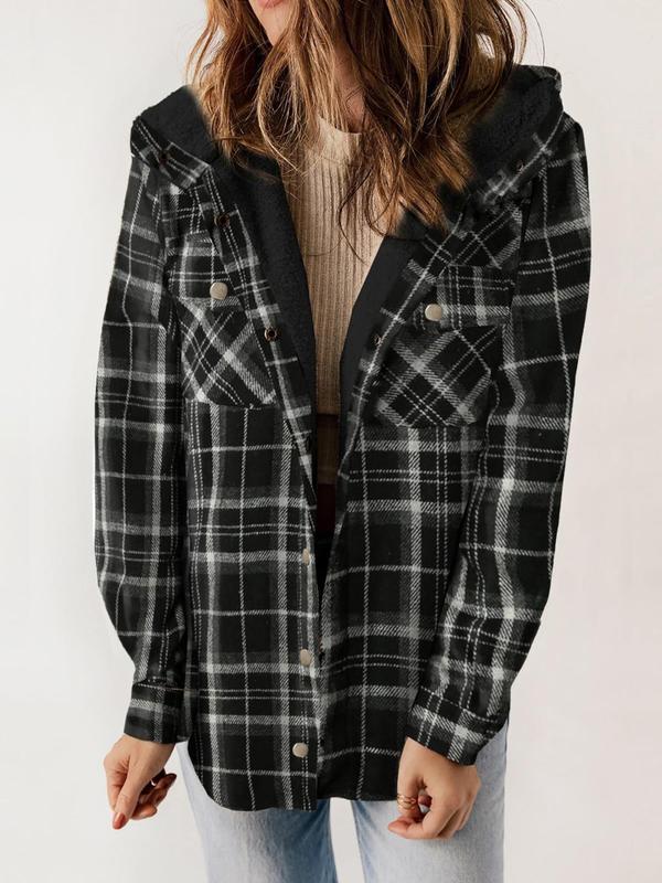 Women's Plaid Print Button Front Hooded Jacket, Casual Long Sleeve Pocket Outerwear for Spring & Fall, Ladies Clothes for Daily Wear