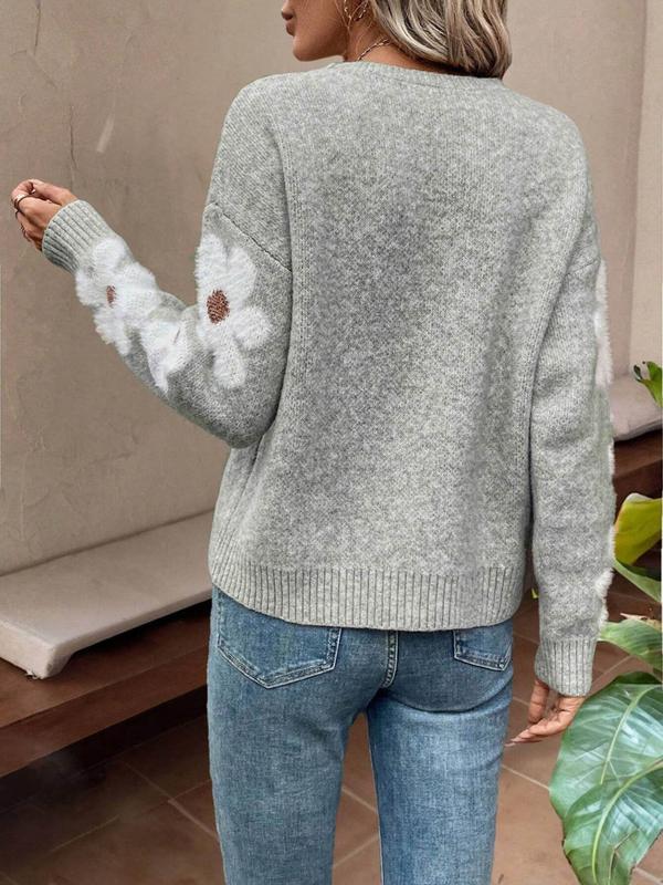 Women's Floral Jacquard Drop Shoulder Sweater, Casual Long Sleeve Round Neck Jumper for Fall & Winter, Fashion Ladies' Knitwear for Daily Wear