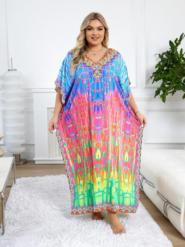  Ethnic Pattern Batwing Sleeve Kaftan Dress, Casual Boho V Neck Split Hem Dress, Dress in Club, Dresses for Women, Summer Dresses 2024, Summer Outfits 2024, Lady Swimwear for Summer Beach Vacation Black Girl Outfits Moo Moo Dresses