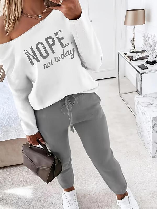  Letter Print Drop Shoulder Tee & Drawstring Waist Pants Two-Piece Set, Casual Fashion Cozy Long Sleeve Boat Neck Top & Pocket Trousers for Daily Outdoor Wear, Women's Clothing for Fall