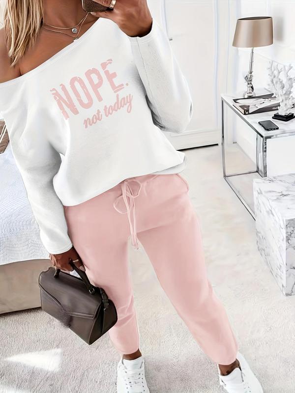  Letter Print Drop Shoulder Tee & Drawstring Waist Pants Two-Piece Set, Casual Fashion Cozy Long Sleeve Boat Neck Top & Pocket Trousers for Daily Outdoor Wear, Women's Clothing for Fall