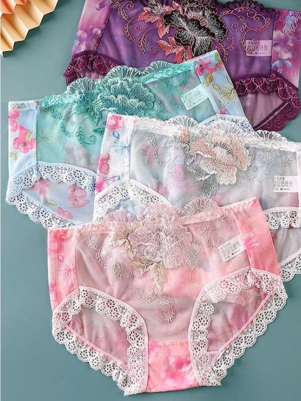 Women's Floral Embroidery Sheer Lace Panty, Breathable Comfortable Scallop Trim Knicker for Daily Wear, Women's Underwear for All Seasons