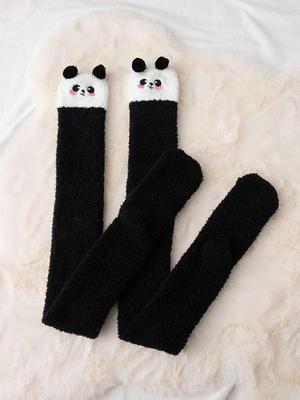 Women's 1 Pair Cartoon Panda Print Over The Knee Socks, Cute Cozy Warm Fuzzy Socks For Women, Women's Socks For Winter