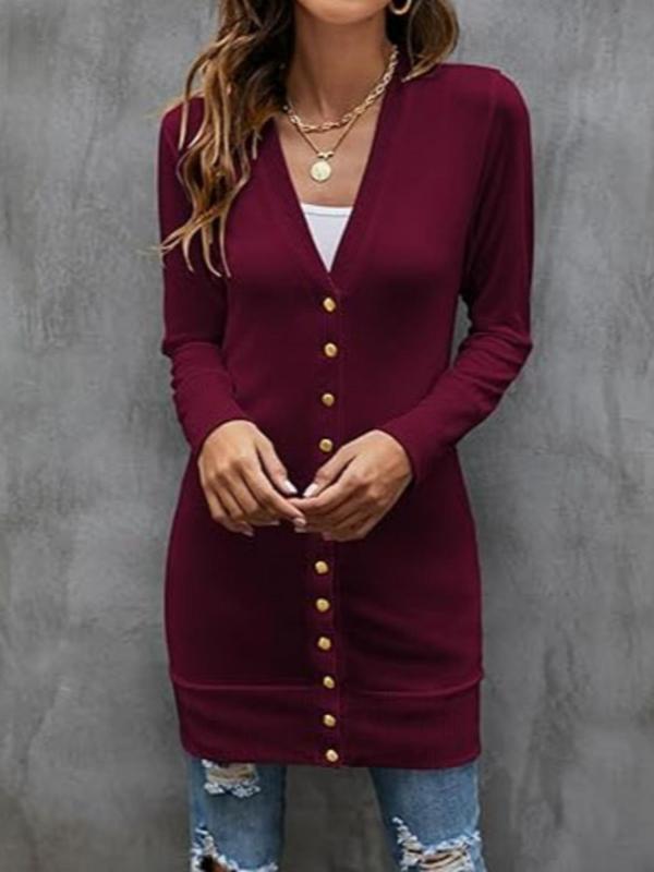 Women's 2024 Fall Solid Button Front V Neck Coat without Tee, Casual Long Sleeve Button Up Cardigan for Spring & Fall, Women's Clothing for Daily Wear, Back To School Outfit, Coats for Women, Fall Clothing Women