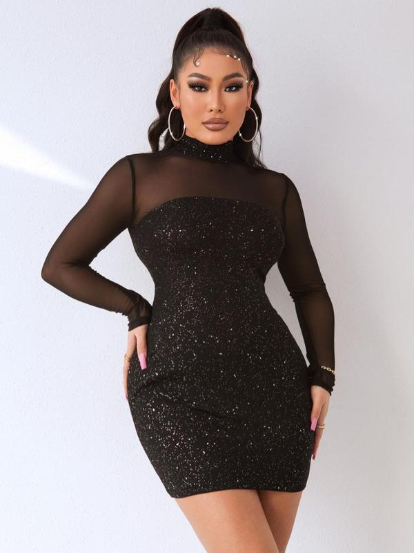 Women's Contrast Sequin Sheer Mesh Bodycon Dress, Elegant Long Sleeve Stand Collar Zipper Back Short Dress for Party Club Dating Wear, Ladies Clothes for Spring & Fall