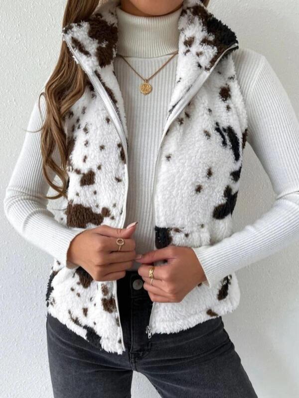 Women's Cow Print Zip Up Plush Gilet, Casual Pocket Collared High Neck Vest Outerwear for Fall & Winter, Winter Clothes Women, Clothing Tops for Lady Daily Wear, Going Out Outfits 2024, Fall Outfits Womenswear Gamis