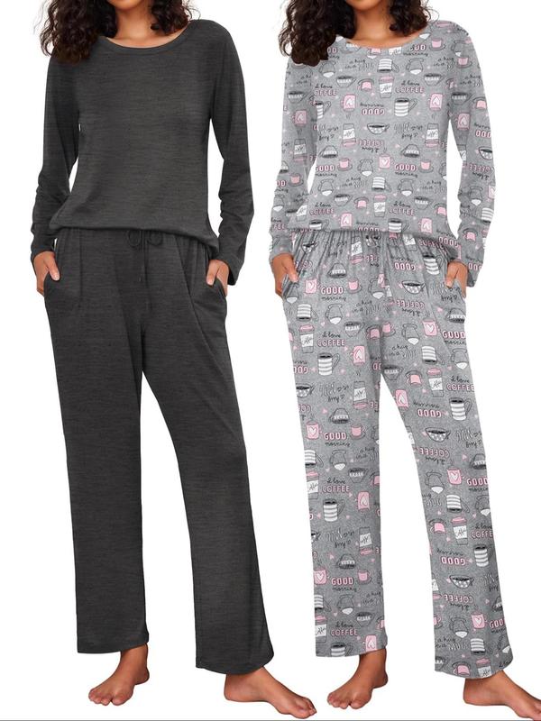 Women's Solid Color   All Over Print Long Sleeve Tee & Pants Loungewear Set, Casual Comfy Round Neck Top & Trousers Pj Set, Ladies Sleepwear for Spring & Fall