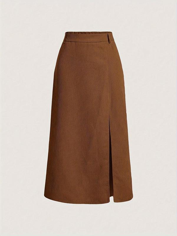  Solid Split Thigh Zipper Design A Line Skirt, Elegant Fashion Elastic Waist Skirt for Work Office Business, Women's Clothing for Spring & Fall