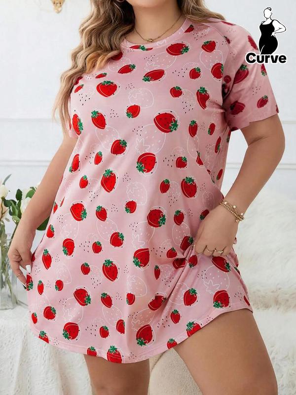 Plus Size Strawberry Print Round Neck Nightdress, Soft Comfy Short Sleeve Nightgown, Women's Sleepwear for All Seasons