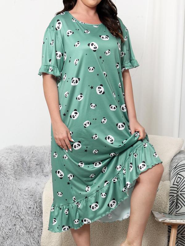 Plus Size All Over Print Ruffle Hem Nightdress, Casual Flounce Sleeve Round Neck Nightgown, Summer Clothes Women, Lady Summer Homewear