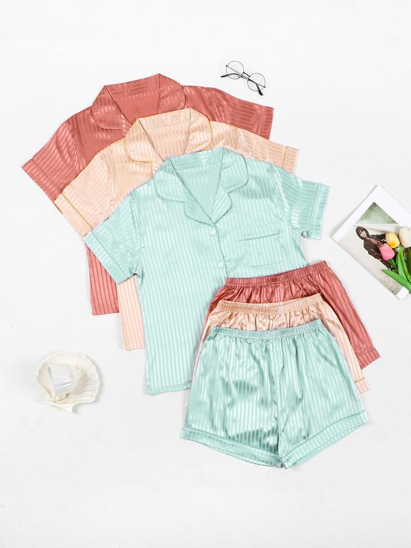 Women's Solid Color Lapel Neck Button Front Pocket Shirt & Elastic Waist Shorts Satin Pyjama Set, Casual Comfy Short Sleeve Top & Shorts Pj Set, Ladies Summer Sleepwear