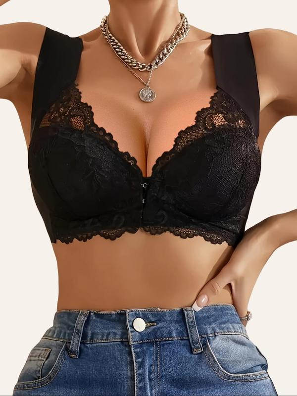 Women's Solid Contrast Lace Front Opening Design Wireless Bra, Casual Comfortable Breathable Push Up Bra, Ladies Lingerie for All Seasons