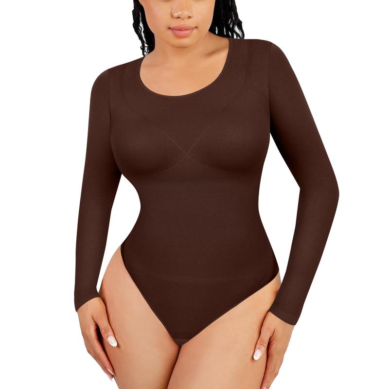 Lover-Beauty Long Sleeve Bodysuit for Women Scoop Neck Body Suits Stretch Seamless Thong Bodysuit Tops