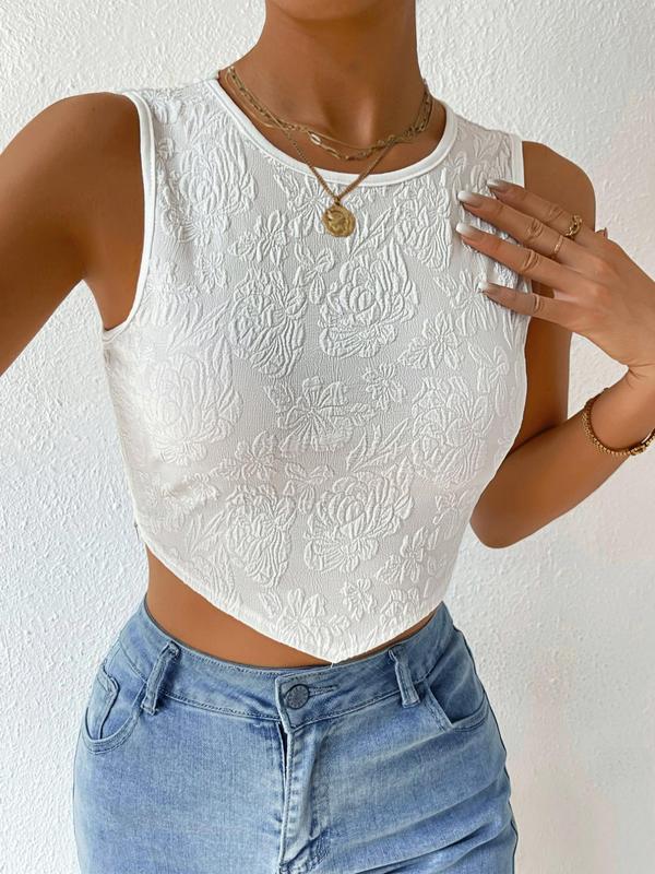 Women's Floral Jacquard Crop Tank Top, Elegant Round Neck Sleeveless Cropped Top for Summer, Tank Tops for Women, Fashion Women's Top for Beach Holiday Vacation Back To School