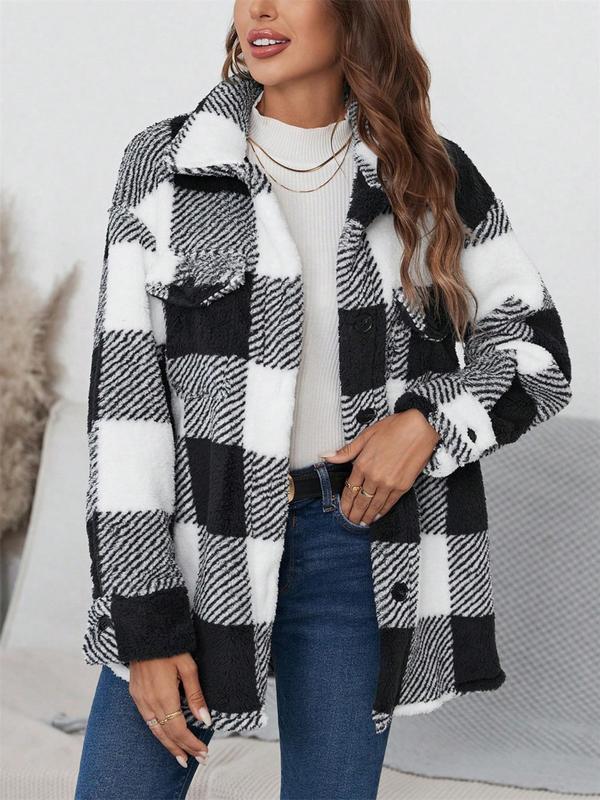  Plaid Print Button Front Fuzzy Jacket, Casual Long Sleeve Collared Outerwear for Fall & Winter, Women's Clothes for Daily Wear