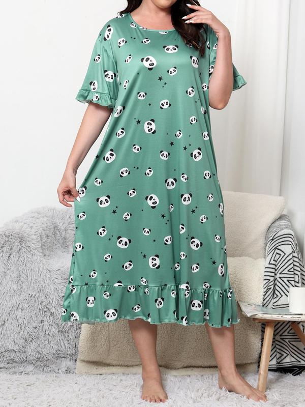 Plus Size All Over Print Ruffle Hem Nightdress, Casual Flounce Sleeve Round Neck Nightgown, Summer Clothes Women, Lady Summer Homewear