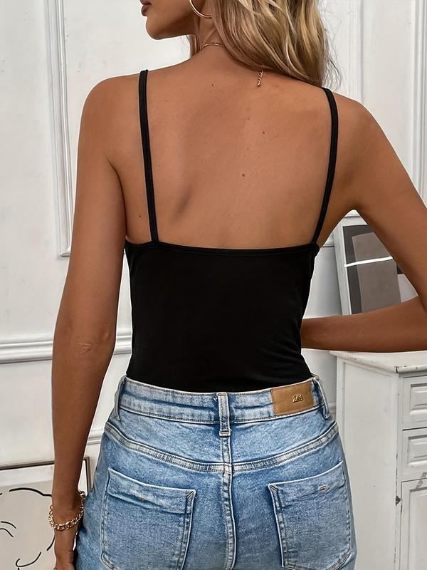 Women's Solid Backless Scoop Neck Cami Bodysuit with Open Crotch Design, Casual Basic Sleeveless Spaghetti Strap Bodysuit for Summer, Ladies Clothes for Daily Wear