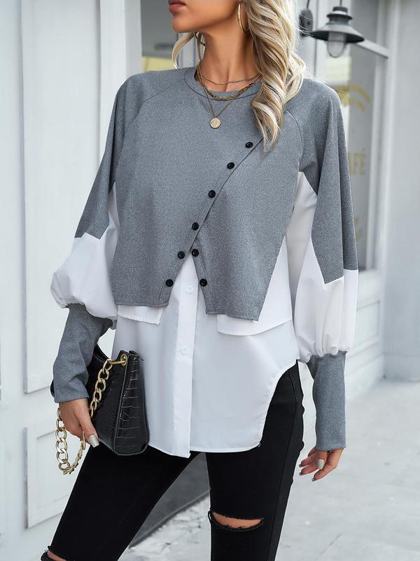 Women's Patchwork Button Front Asymmetrical Hem Blouse, Casual Long Sleeve Round Neck Top for Fall & Winter, Women's Clothing for Daily Wear